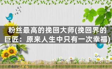 粉丝最高的挽回大师(挽回界的巨匠：原来人生中只有一次幸福)