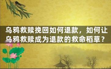 乌鸦救赎挽回如何退款，如何让乌鸦救赎成为退款的救命稻草？
