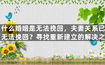 什么婚姻是无法挽回，夫妻关系已无法挽回？寻找重新建立的解决之道！