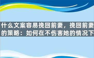 什么文案容易挽回前妻，挽回前妻的策略：如何在不伤害她的情况下重新建立联系