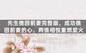 先生挽回前妻完整版，成功挽回前妻的心，两情相悦重燃爱火