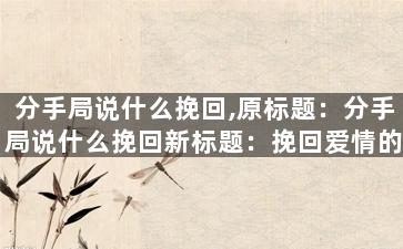 分手局说什么挽回,原标题：分手局说什么挽回新标题：挽回爱情的正确方法