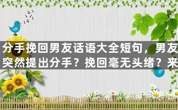 分手挽回男友话语大全短句，男友突然提出分手？挽回毫无头绪？来看这些实用话术！